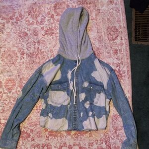 Blue and Gray Denim Cropped Hoodie Jacket